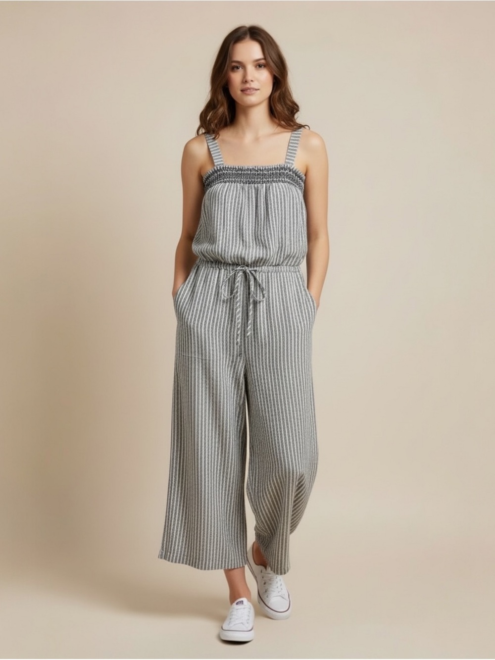 Universal Thread gray striped smocked jumpsuit